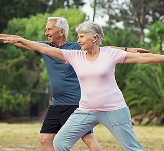 Active adults walking outdoors